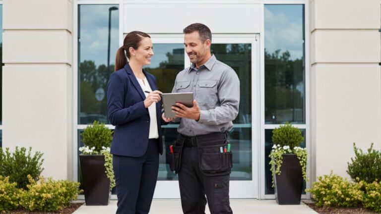 Business owner & contractor looking at tablet