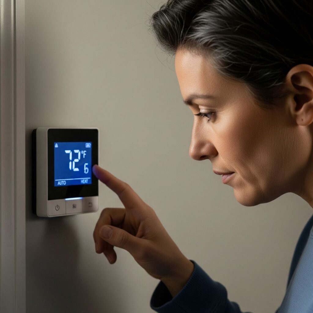 A person looking concerned at their thermostat