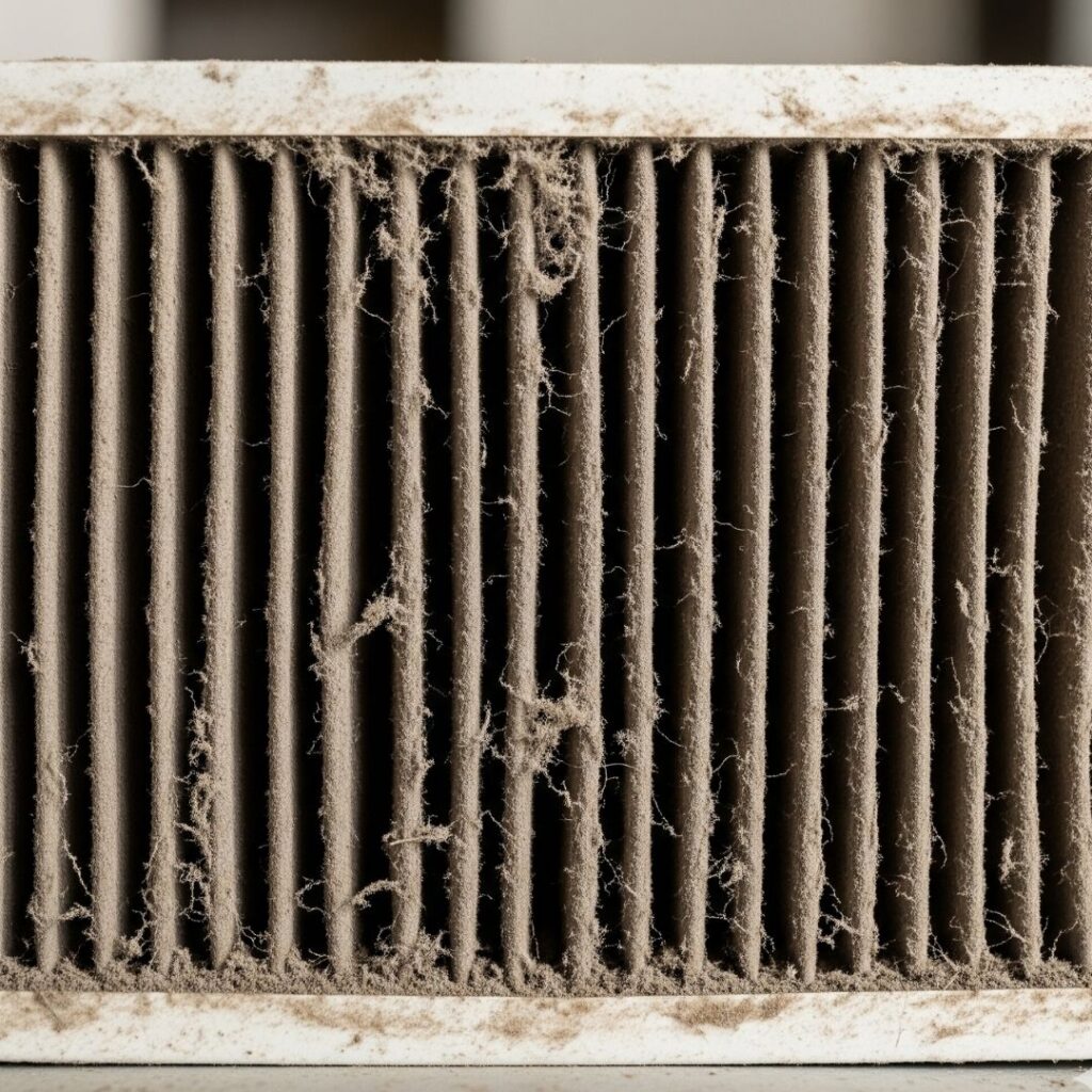 A close-up of a dirty, clogged furnace filter
