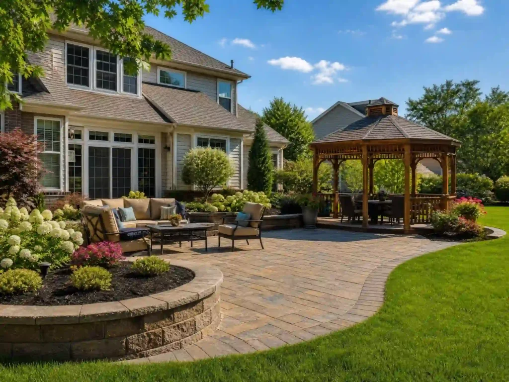 Beautiful paver patio installation at a home in Novi, Michigan with outdoor seating and landscaped backyard.