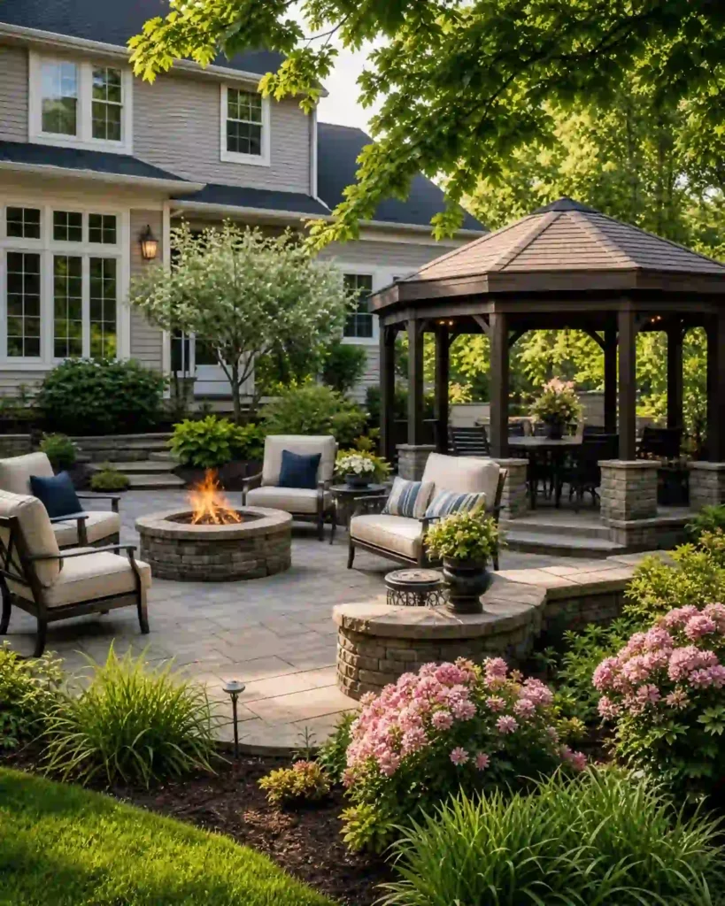 Professionally installed backyard paver patio with gazebo at a home in Novi, Michigan.